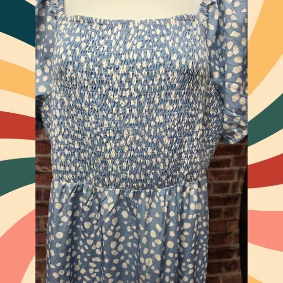 WhizMax Blue Polka Dot Maxi Dress 2XL Off Shoulder Smocked Bodice Cotton Blend - Picture 4 of 7